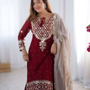 Women's Faux Georgette Sequins Embroidered Straight Kurta With Sharara Suit and Dupatta Set